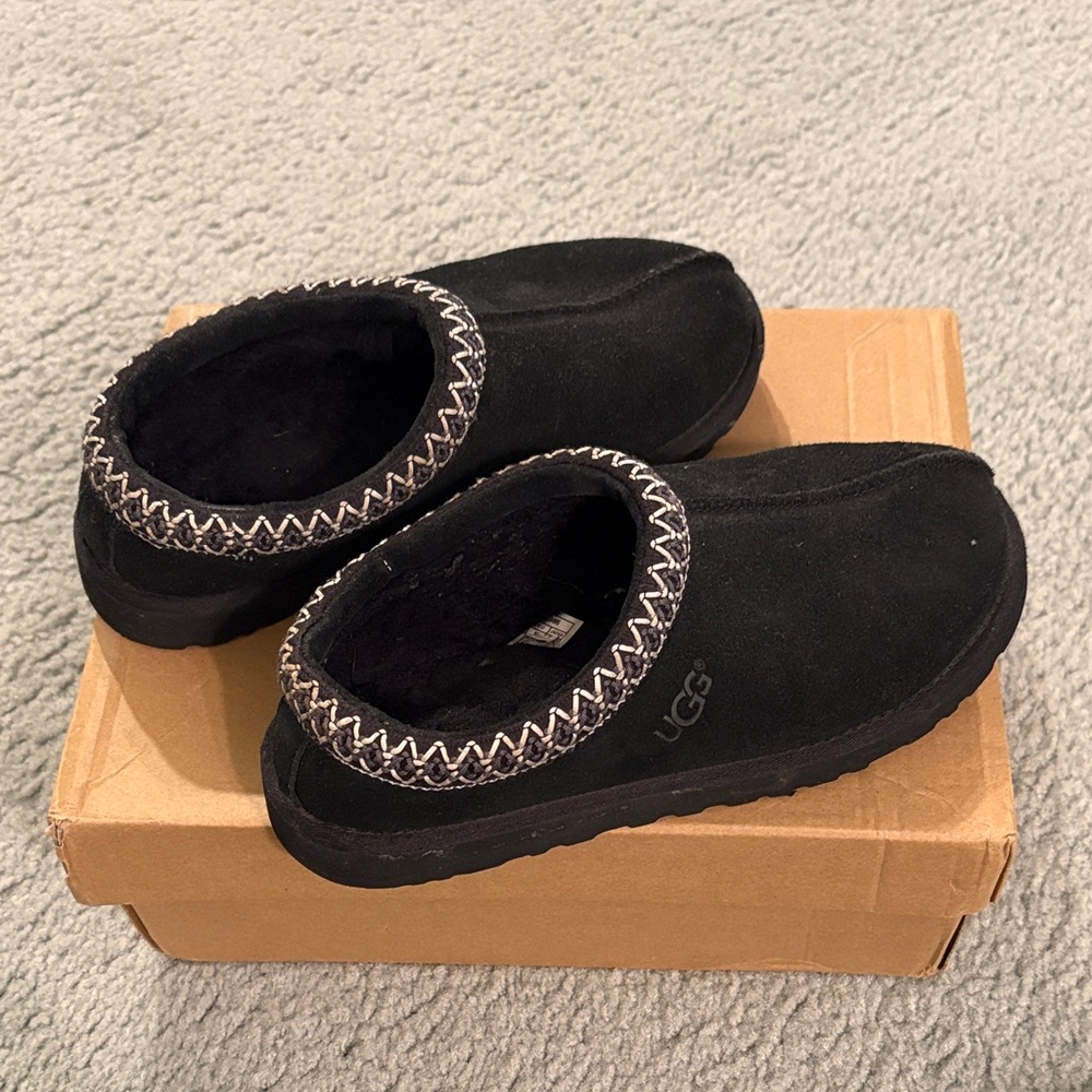 UGG Black Suede Slip-Ons with Patterned Trim